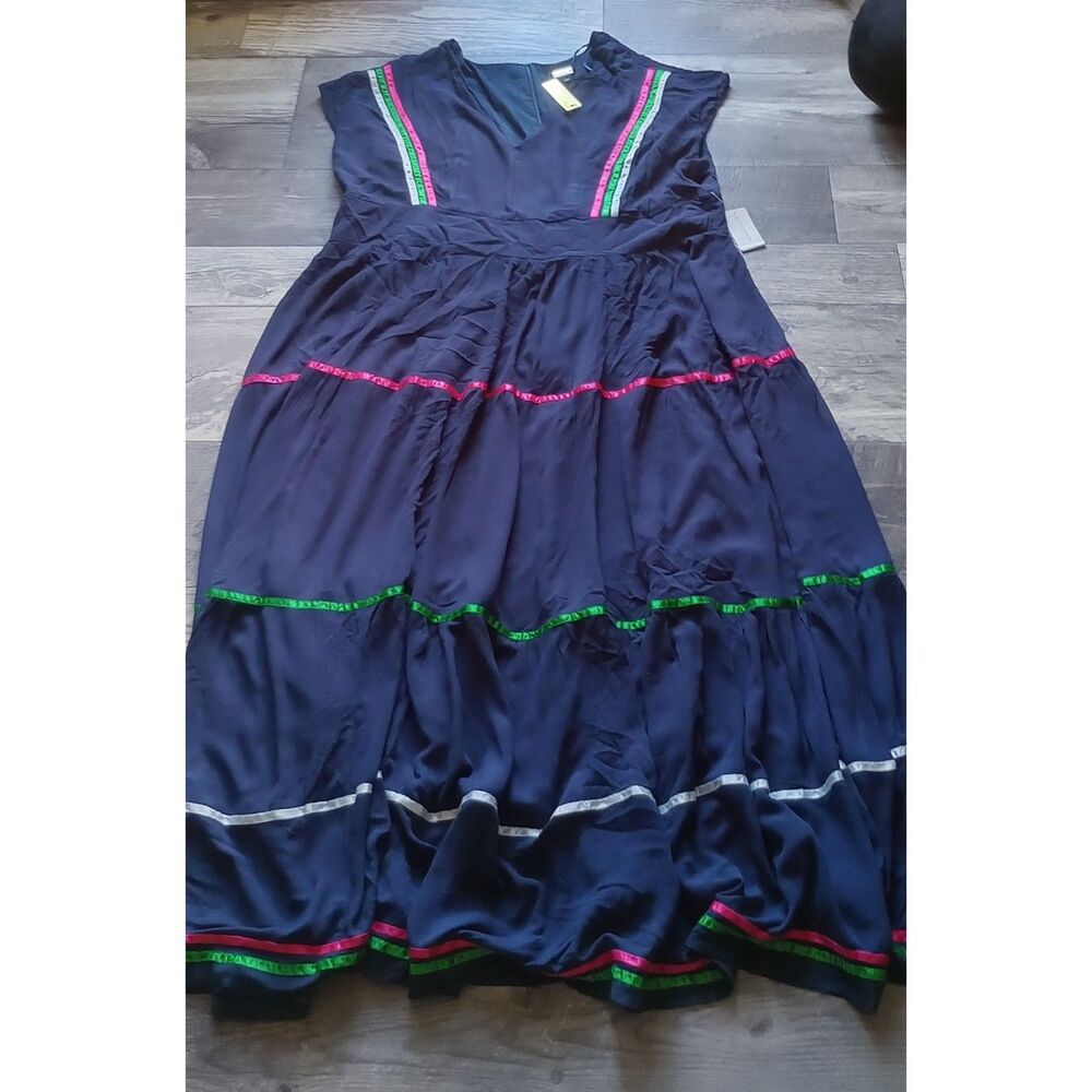 Alexia Admor Women's 3X Blue /Colorful Ribbon Trim  Tiered Maxi Dress, NWT